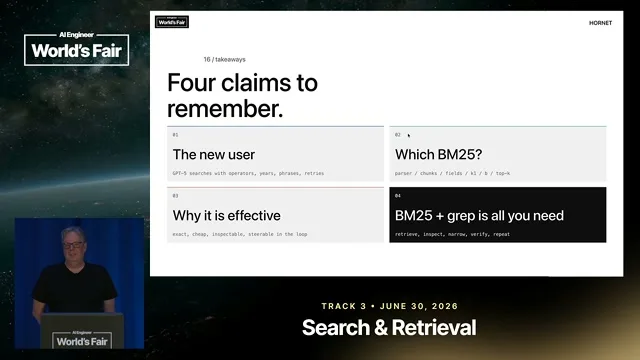 Selected presentation frame from The unreasonable effectiveness of BM25 for agentic search — Jo Kristian Bergum, Hornet.dev at 1010 seconds