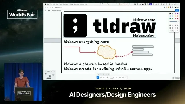Selected presentation frame from The Spatial Harness: Bringing Agents to the Canvas — Max Drake, tldraw at 96 seconds