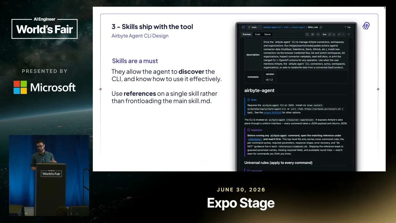 Selected presentation frame from Designing CLIs for Agents, Not Humans — Pedro Lopez, Airbyte at 848 seconds