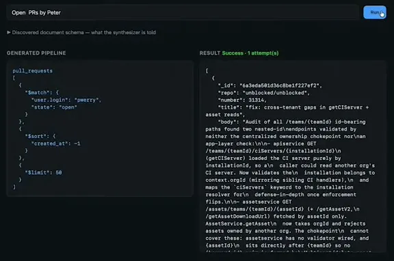 The generated pipeline matches `user.login` to `pwerry` and filters for open pull requests; the result pane shows the returned PR.