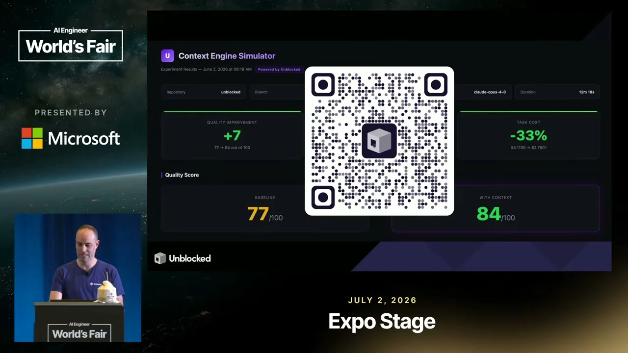 The context engine simulator screen shows several comparison metrics and a QR code.