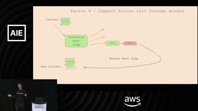 Provides the concrete error-handling lesson: do not blindly accumulate failures or full stack traces in the context window.