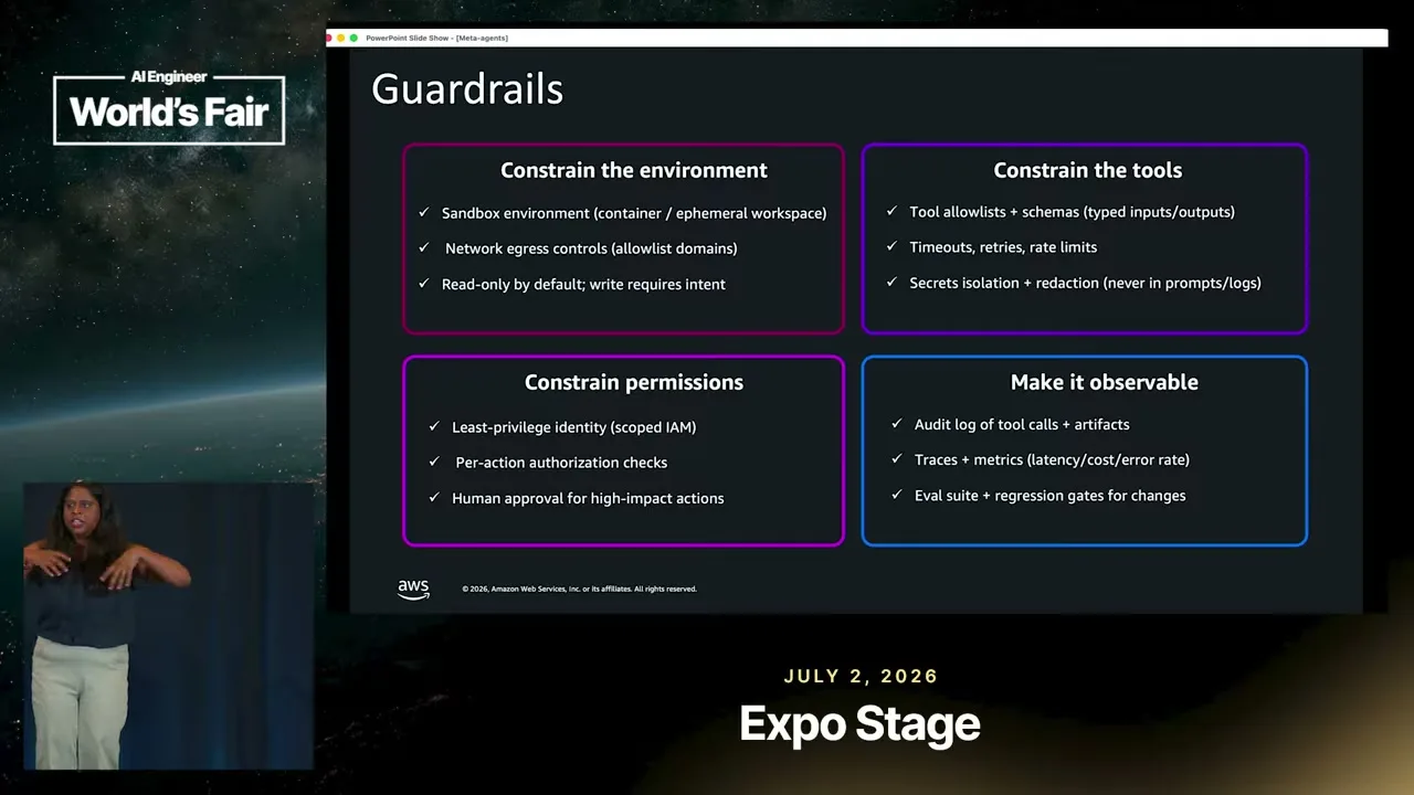 Selected presentation frame from Agents That Write Their Own Tools at Runtime — Sandhya Subramani, AWS at 1062 seconds