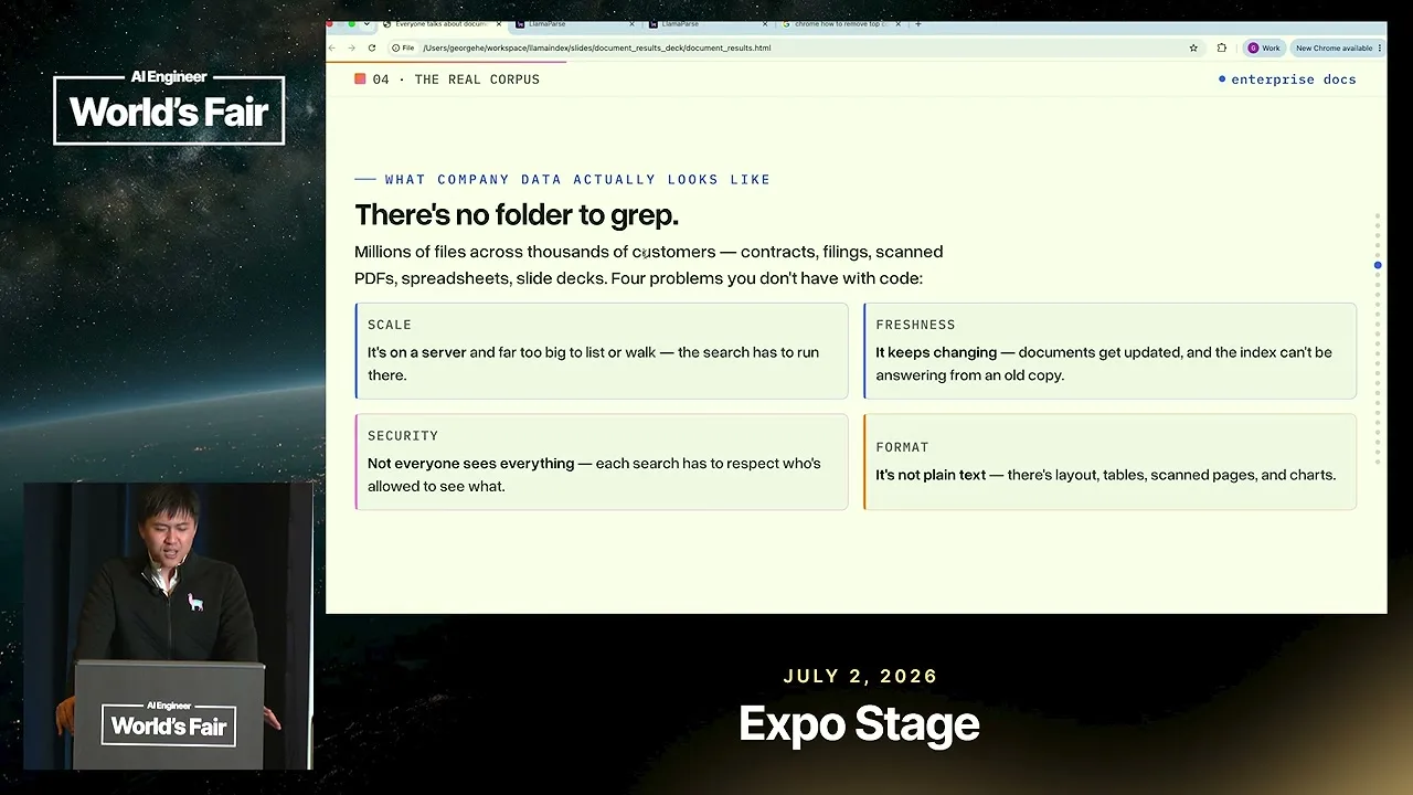 Selected presentation frame from Grep or Embeddings? Agentic Search Over Company Documents — George He, LlamaIndex at 280 seconds