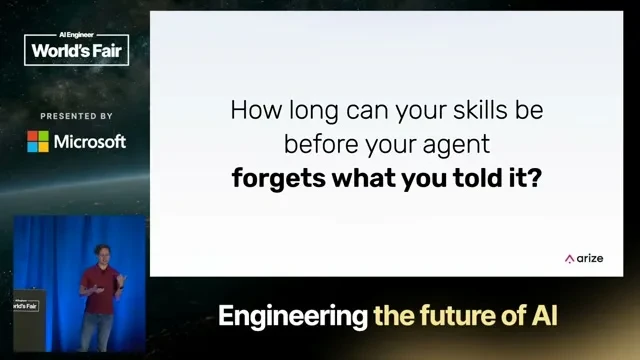 Selected presentation frame from How long can your skills be before your agent forgets what you told it? — Laurie Voss, Arize AI at 31 seconds