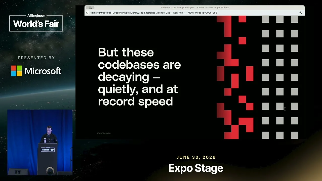 Selected presentation frame from AI Coding Agents Are Breaking Big Codebases — Dan Adler, Sourcegraph at 216 seconds