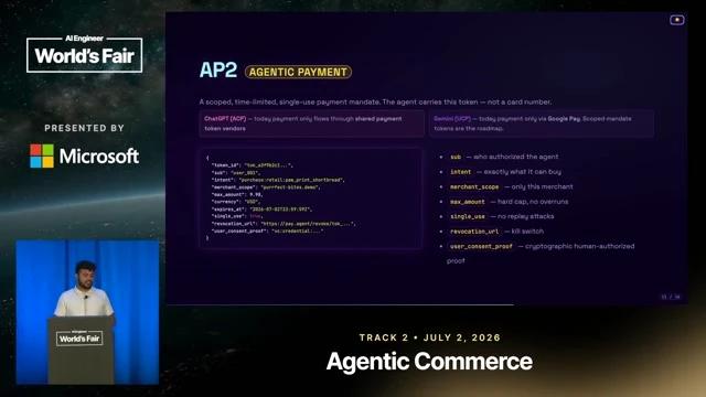 AP2 is described in terms of concrete authority fields: authorizing party, permitted purchase, maximum amount, and revocation URL.