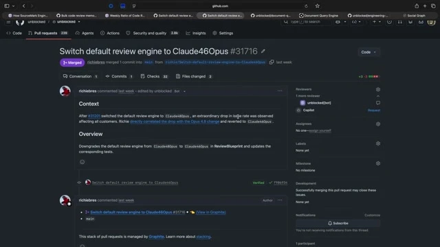 Shows the generated pull request connecting the proposed fix to the earlier model-behavior regression and organizational history.