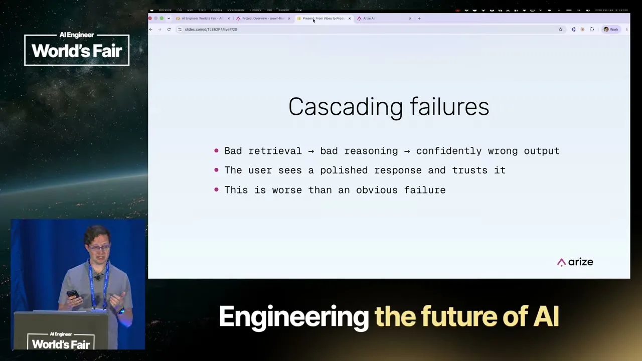 Selected presentation frame from From Vibes to Production: Evaluating and Shipping AI Agents That Work 101 — Laurie Voss, Arize AI at 955 seconds