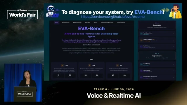 Introduces EVA Bench as an end-to-end diagnostic option without claiming evaluation results not given in the talk.