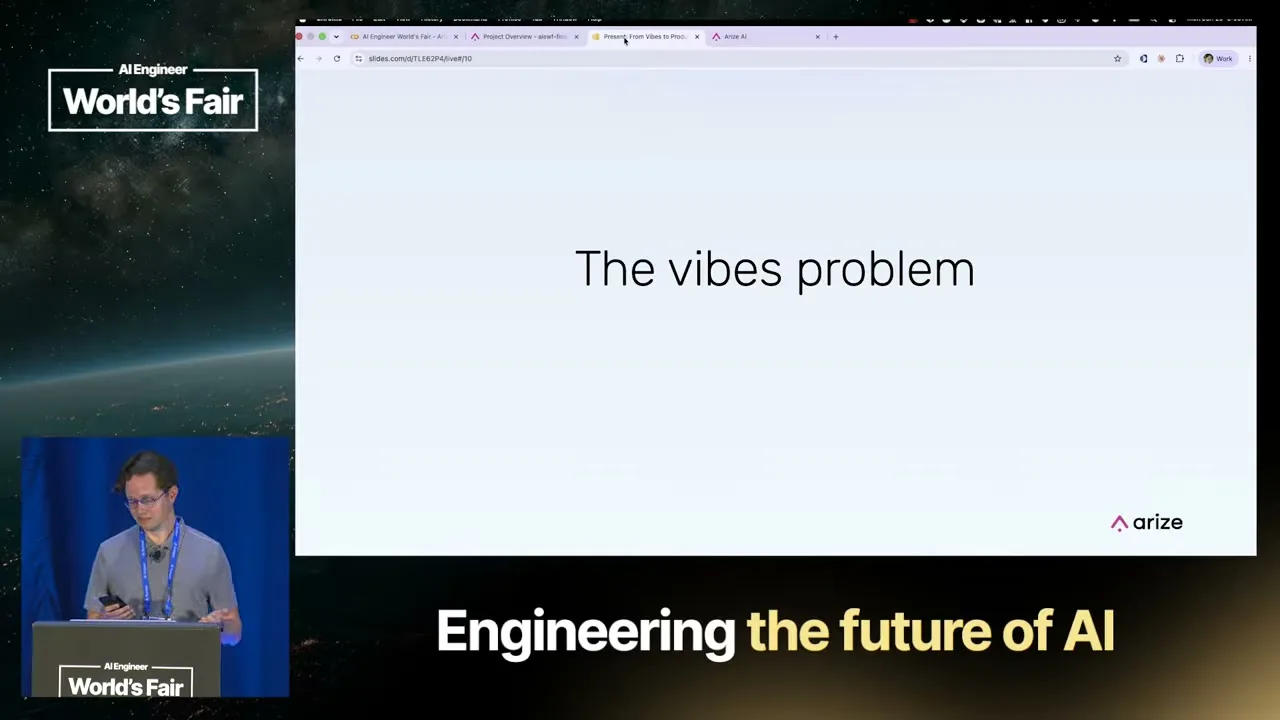 Selected presentation frame from From Vibes to Production: Evaluating and Shipping AI Agents That Work 101 — Laurie Voss, Arize AI at 573 seconds