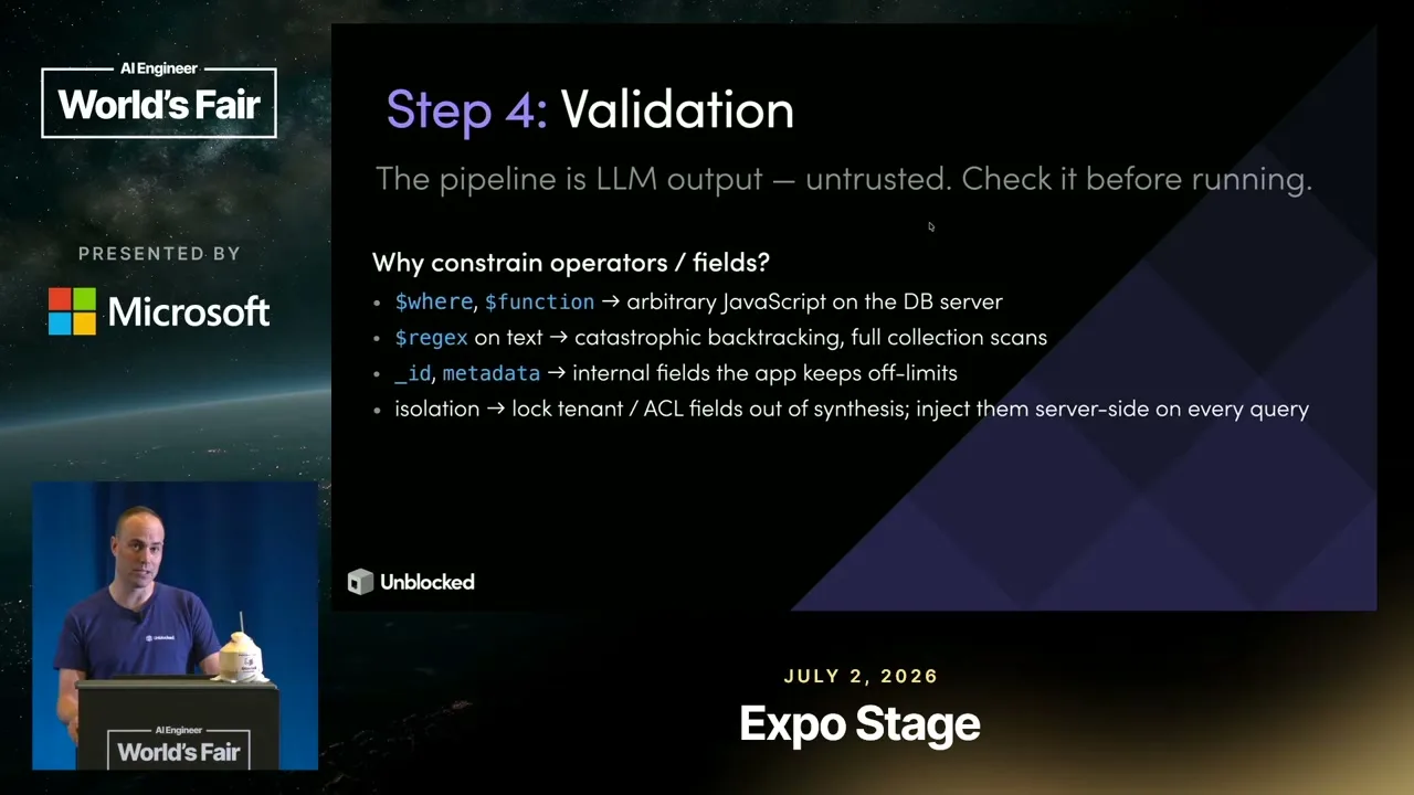 A slide titled “Step 4: Validation” describes checking untrusted model output before it runs.
