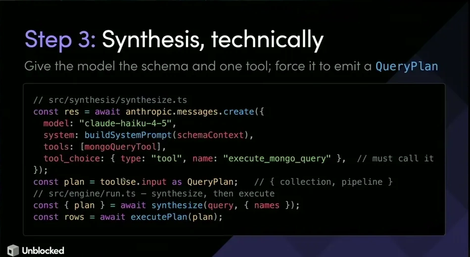 Synthesis supplies the schema and forces a QueryPlan tool call. The model proposes structured query arguments; validation still decides whether they may run.