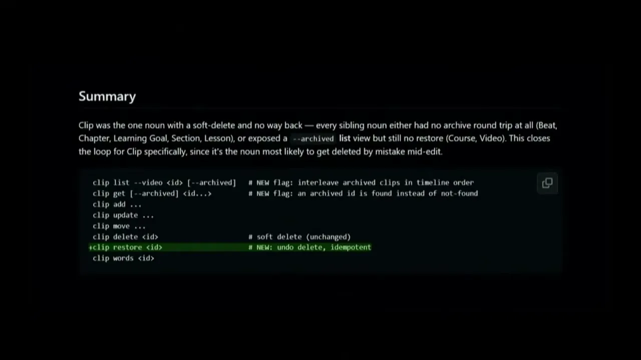 The summary places `clip restore <id>` among the commands and marks `--archived` on `clip list` and `clip get` as the two new flags.