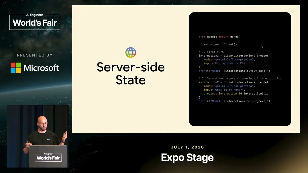 The second request passes interaction1.id as previous_interaction_id, showing how the example continues from server-side state.