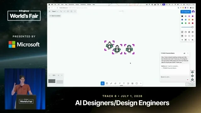Selected presentation frame from The Spatial Harness: Bringing Agents to the Canvas — Max Drake, tldraw at 637 seconds