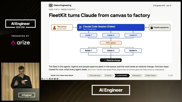 Candidate during the explanation of leader agents and the human approval queue; verify the slide content.