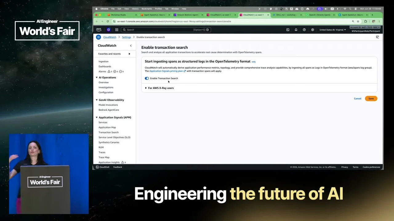 In CloudWatch Settings → Enable transaction search, the toggle is on and Save is available; this is the configuration step the walkthrough identifies as a prerequisite for agent observability.