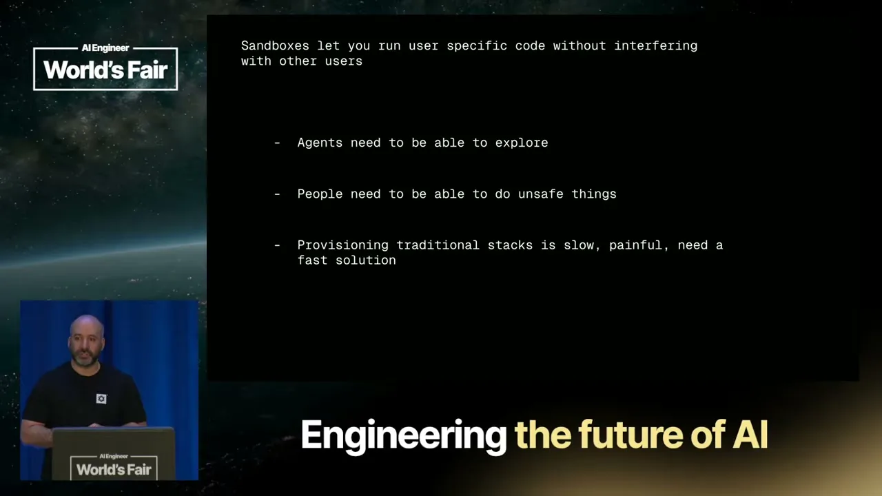 Selected presentation frame from How I Learned to Stop Worrying and Love the Sandbox — Matt Brockman, E2B at 196 seconds