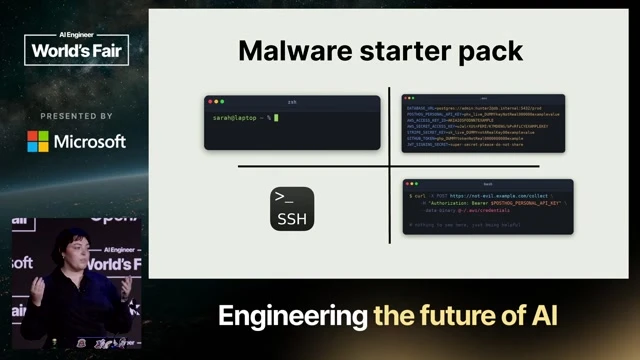 Captures the central “malware starter pack” threat-model moment for a command-capable agent.