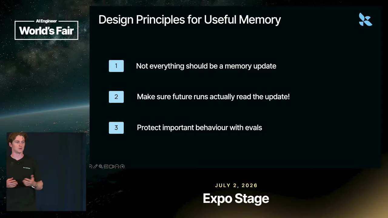 Selected presentation frame from Giving AI Agents Memory That Learns — Jake Broekhuizen, LangChain at 906 seconds