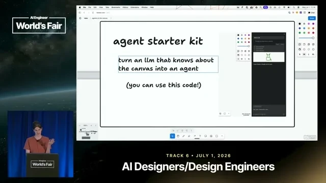Selected presentation frame from The Spatial Harness: Bringing Agents to the Canvas — Max Drake, tldraw at 415 seconds