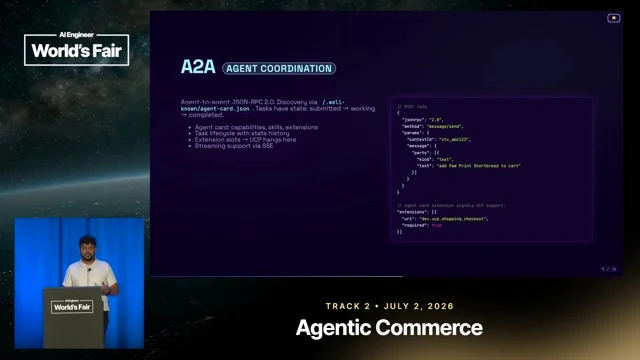 Supports the distinct role of A2A by explaining communication between customer, merchant, and domain-specific agents.