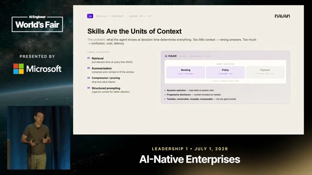 Introduces skills as the unit of context and explains why larger context windows do not eliminate context-management problems.