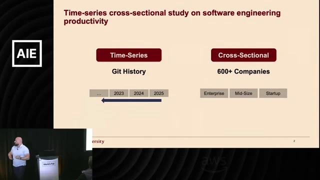 Study overview slide provides scale and methodology context, including longitudinal Git history and cross-company comparisons involving more than 100,000 engineers.