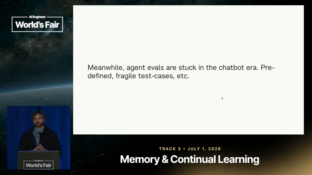 White slide reading: “Meanwhile, agent evals are stuck in the chatbot era. Pre-defined, fragile test-cases, etc.”
