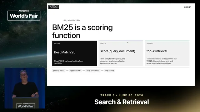 Selected presentation frame from The unreasonable effectiveness of BM25 for agentic search — Jo Kristian Bergum, Hornet.dev at 176 seconds