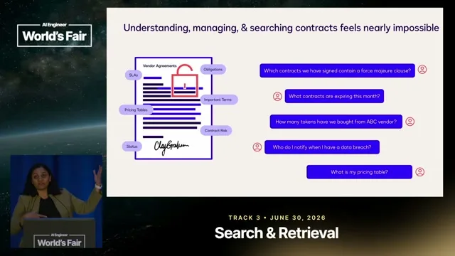 Selected presentation frame from Your Agreements Are a Database You Can't Query — Hiral Shah, Docusign & Sean Sodha, NVIDIA at 212 seconds