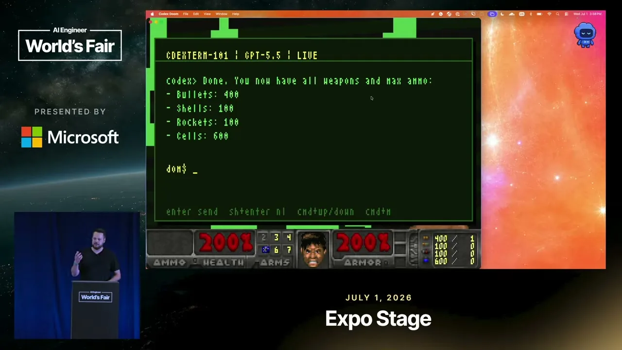 Codex reports the granted ammunition, while Doom’s HUD shows 200 health and armor plus filled ammo counters.