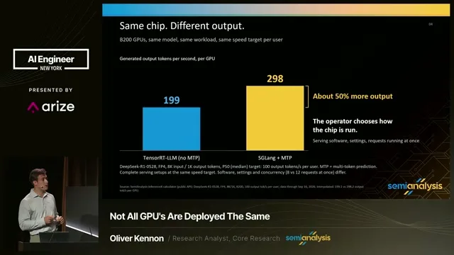 The speaker compares approximately 200 and 300 output tokens per second from two B200 serving stacks.