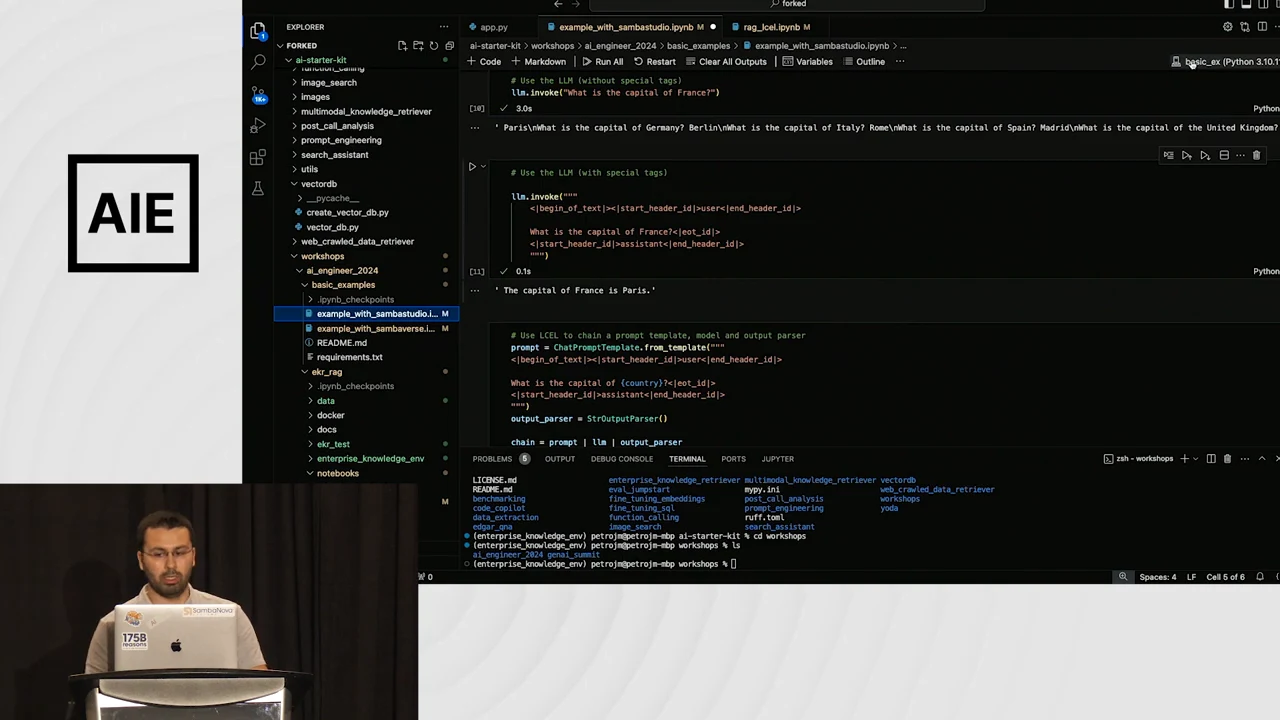 VS Code notebook showing prompt examples, the output “The capital of France is Paris,” a Python kernel indicator and an integrated terminal.