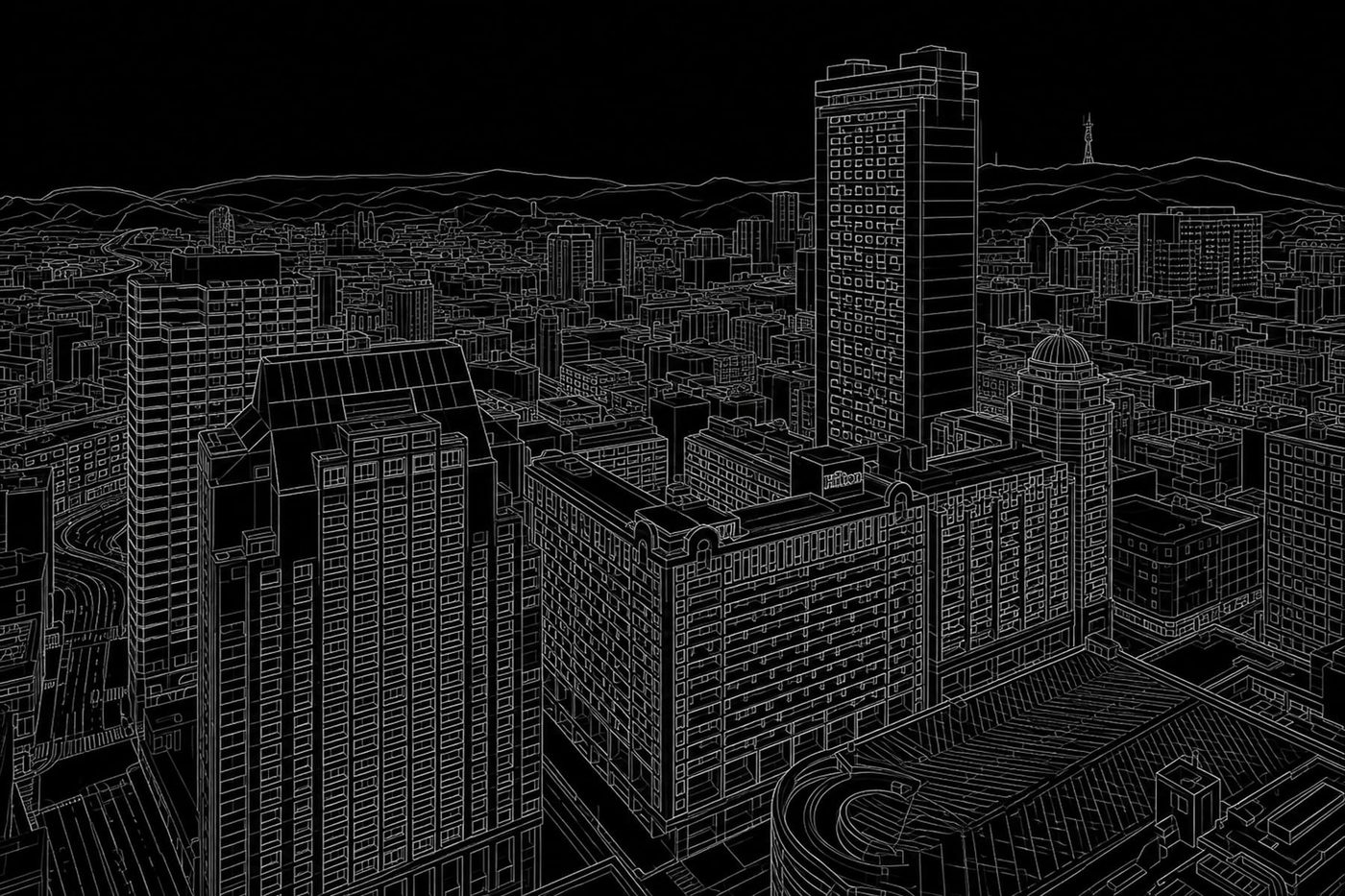 Wireframe scan of Hilton Union Square and downtown San Francisco