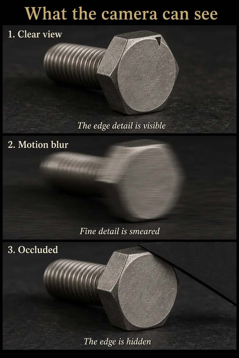 A steel bolt with a visible notch, a blurred view that obscures the notch, and a sharp view with the notch hidden behind an opaque strip.