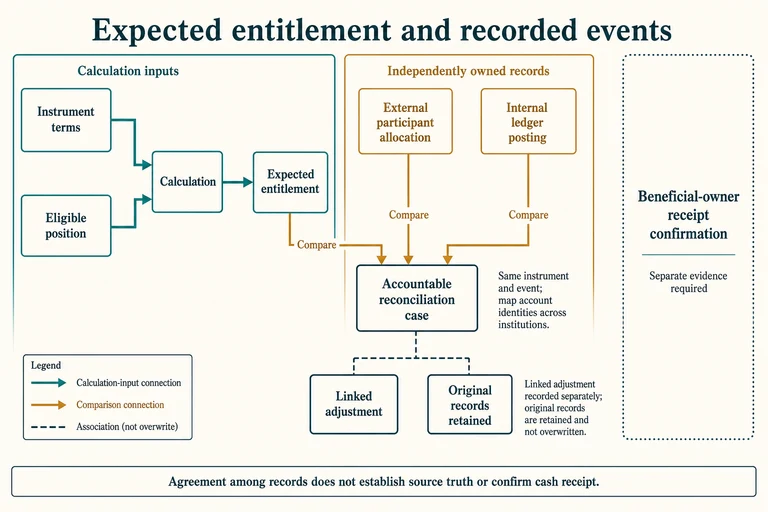 This schematic separates expected entitlement from independently owned allocation and posting records. Reconciliation maps account identities for the same instrument and event; agreement does not establish source truth or confirm beneficial-owner cash receipt. Adjustments remain linked to original records.