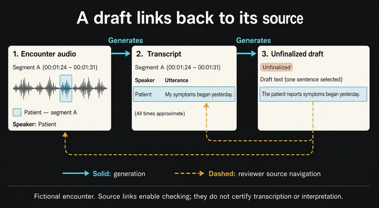 This fictional encounter separates generation of a transcript and an unfinalized draft from reviewer navigation back to the same source segment. Source links enable checking; they do not certify transcription or interpretation.