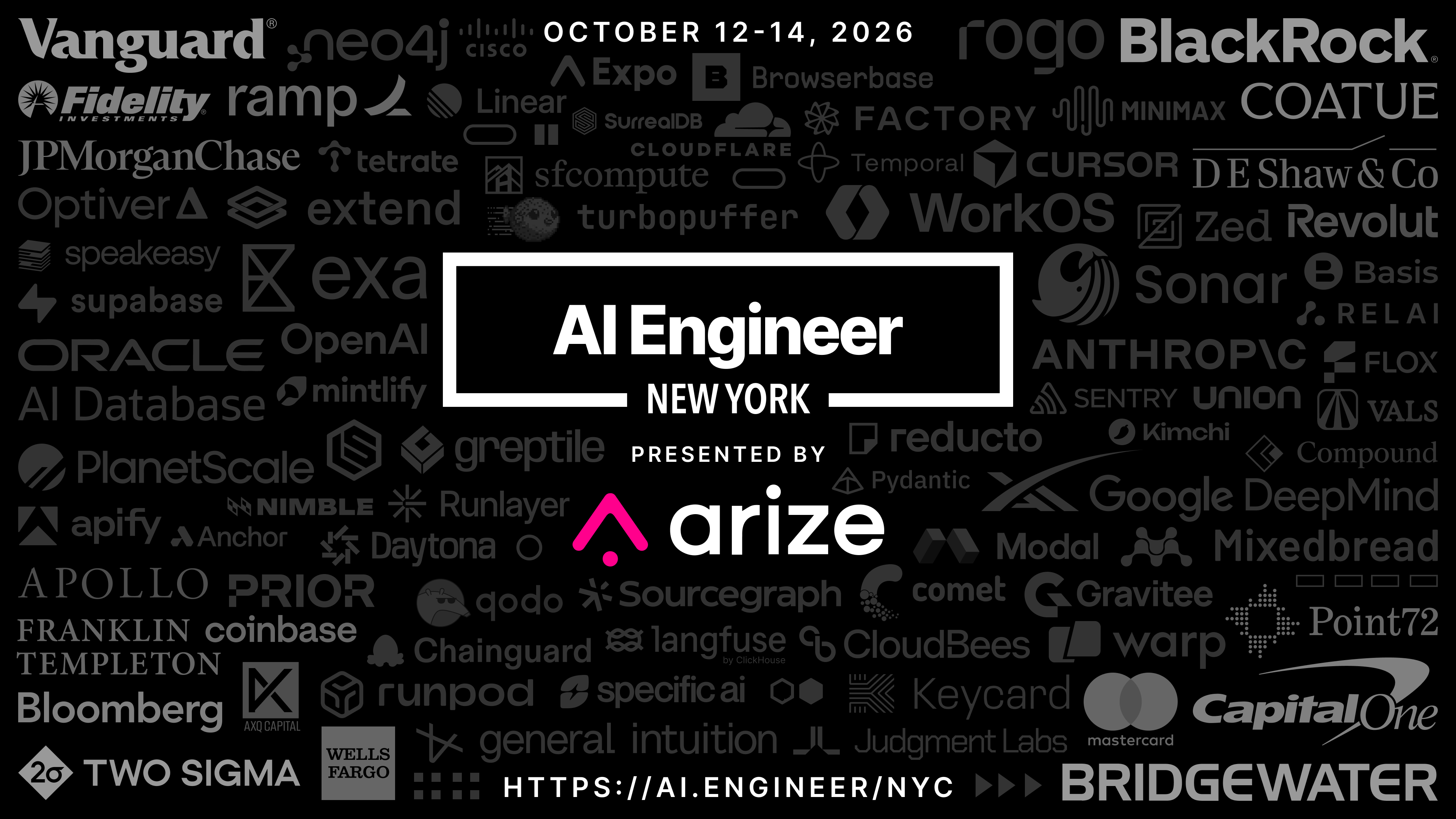 Logo wall of AI Engineer New York 2026 speaker companies and sponsors, including OpenAI, Anthropic, BlackRock, Two Sigma, Bridgewater, JPMorganChase, and Arize