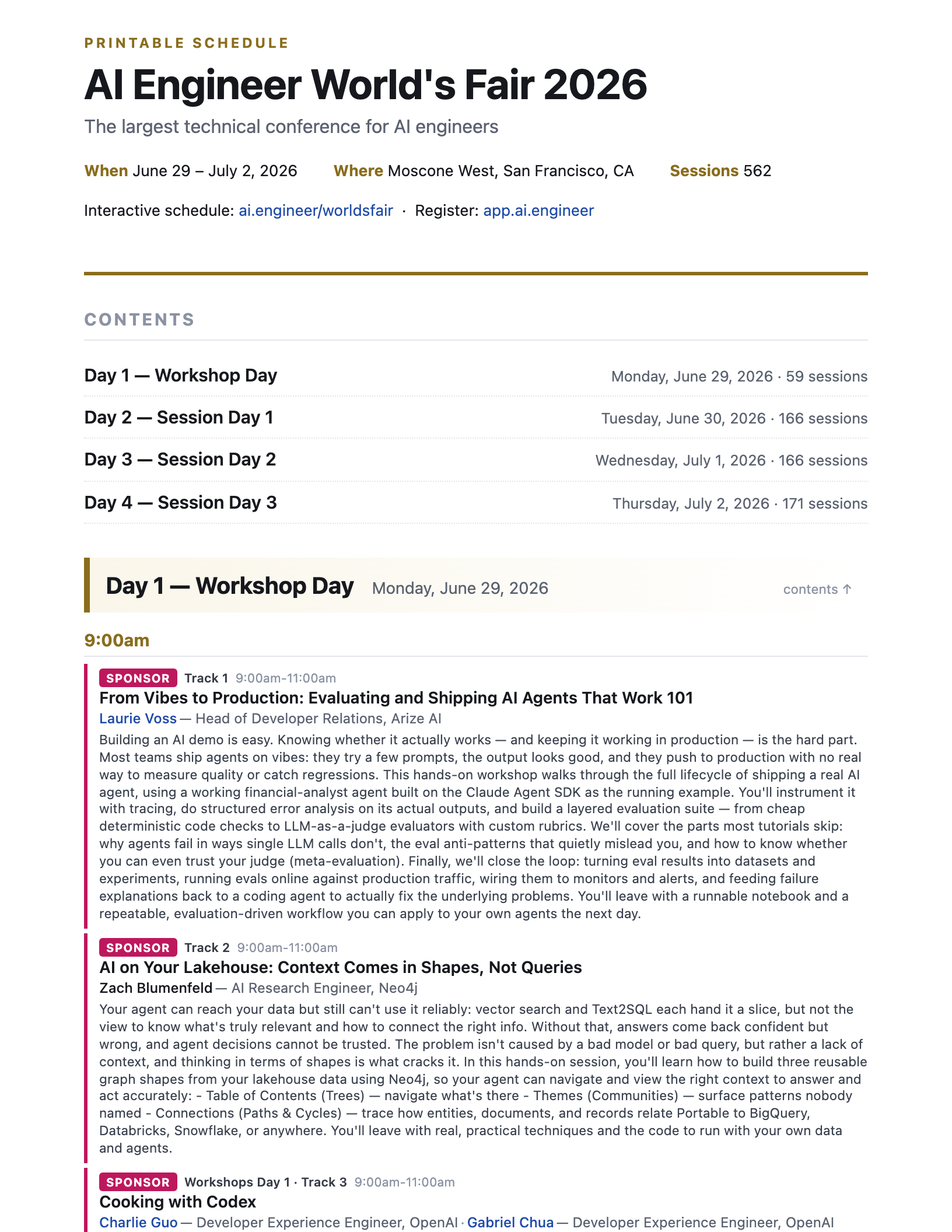 Preview of the printable AI Engineer World's Fair 2026 schedule PDF — white background, day-by-day session listing with hyperlinked talks